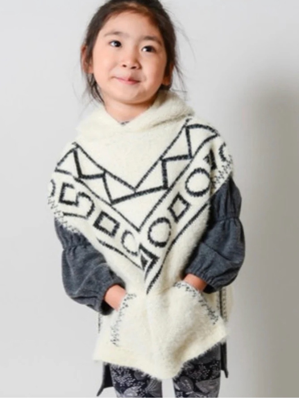 Kids Ivory Hooded Poncho with Black Geometric Pattern